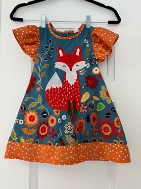 Mini Taylor Girls Teal & Orange Fox Appliqué Dress Size 2 - 3 yrs